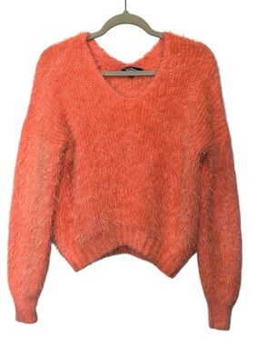 Freshman Neon Coral Fuzzy Eyelash Knit Sweater Y2K Indie Fluffy V- Neck Large